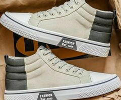 Men'S High-Top Canvas Sneakers - Lightweight, Comfortable, and Stylish Blue & Beige Skate Shoes 